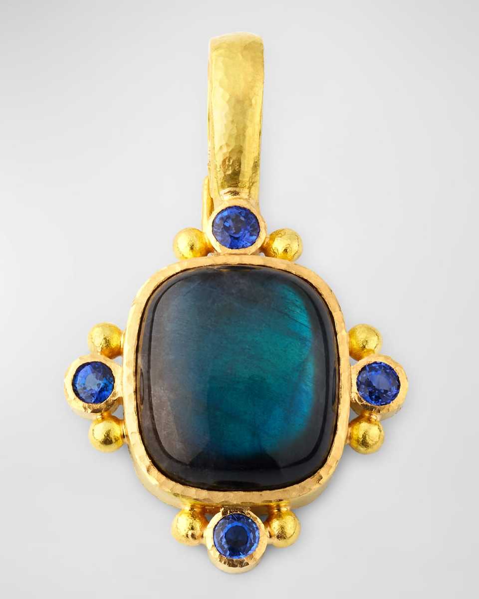19K Yellow Gold Medium Vertical Cushion Labradorite and Blue Sapphire Pendant